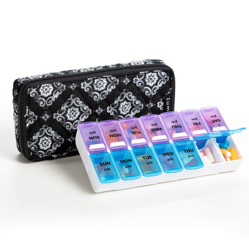 ZUMD Weekly 7 Day Pill Organizer Case 2 Times a Day AMPM Large Portable Pill Box 7 Day for Vitamin Medicine Pill Case with Quilted Fabric Zipper Cute Bag for Travel or Daily